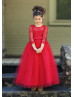 Red Lace Tulle Ankle Length Simple Flower Girl Dress